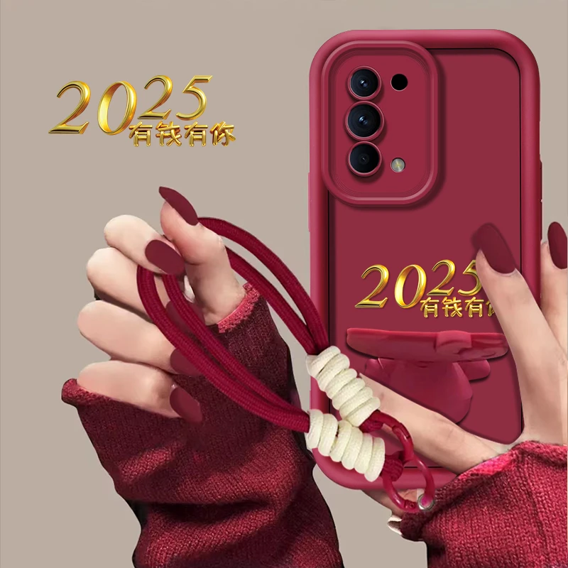 适用于【opporeno5pro】2025有钱有你新年猫咪支架手机壳创意防摔女