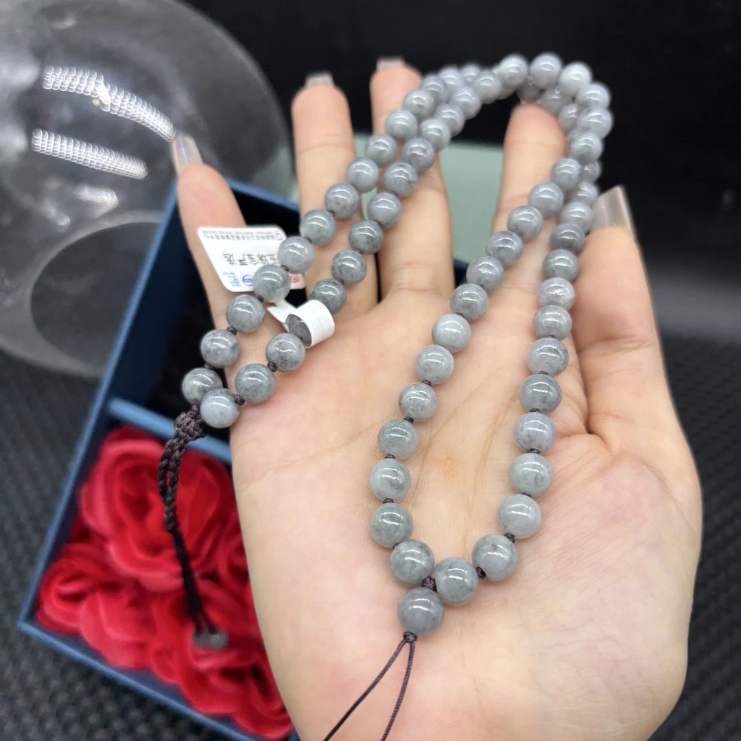 福利天然缅甸翡翠A货灰色点墨乌鸡圆珠8mm玉石珠链挂件绳毛衣链
