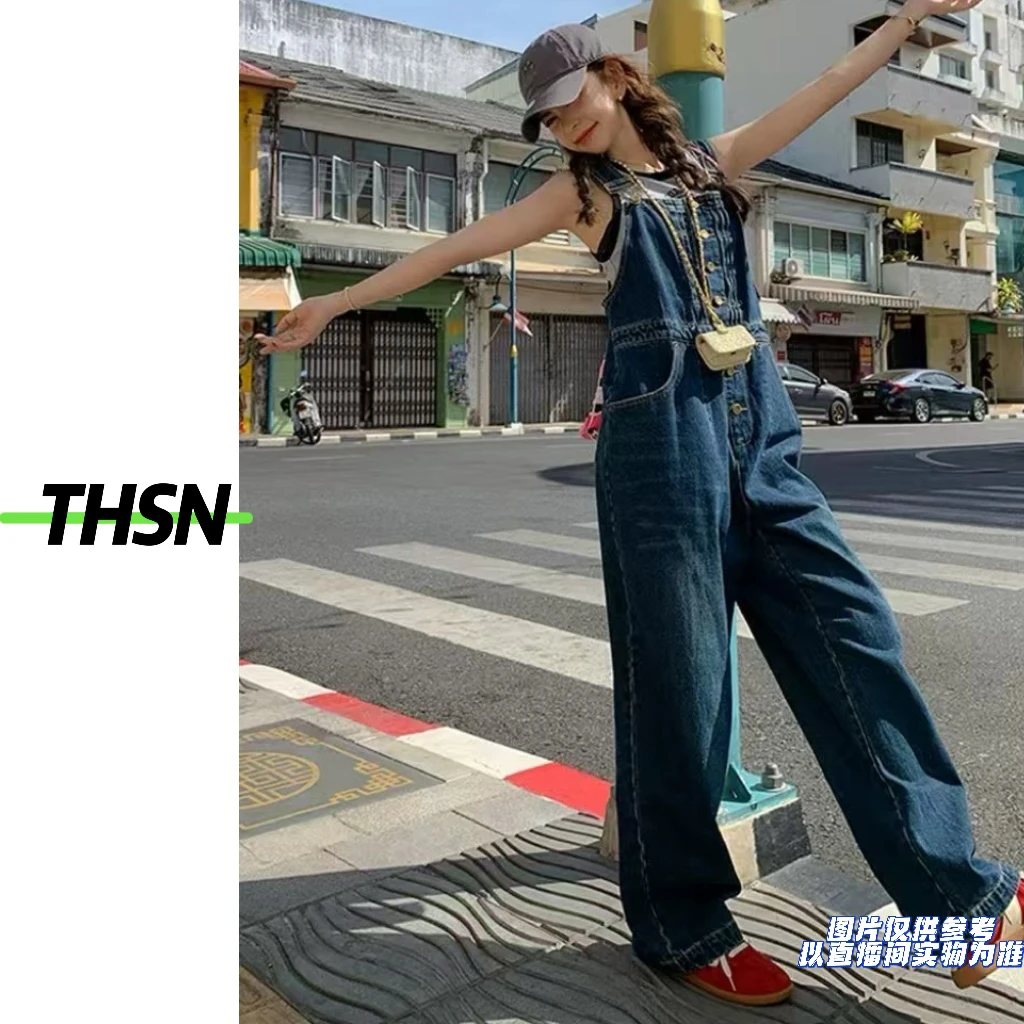 定制大码复古学院风阔腿牛仔背带裤2811