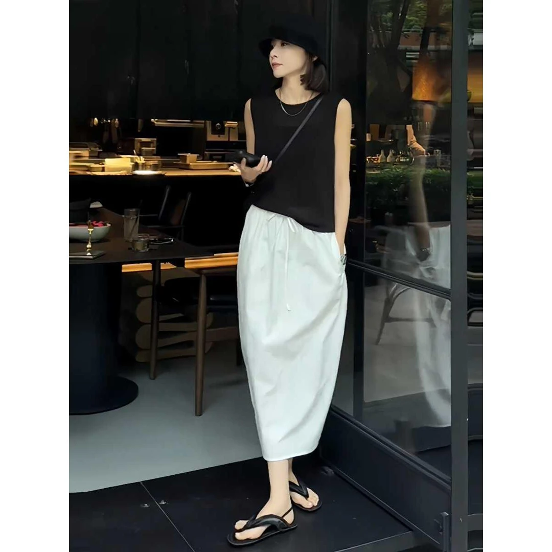 夏装搭配一整套简约气质冰丝薄款无袖上衣女设计感抽绳显瘦半身裙