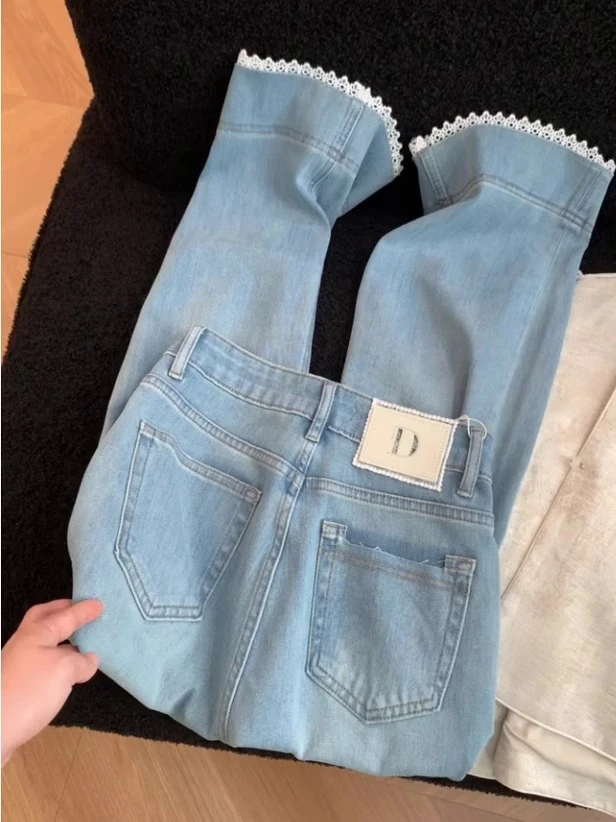 拼接蕾丝花边九分直筒裤胖mm夏季新款女梨形身材显瘦高腰牛仔裤