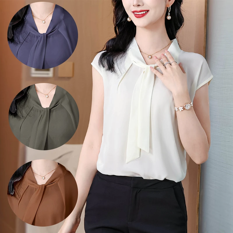 2025夏季新款领结飘带短袖盛夏凉爽透气雪纺衫时尚潮气质上衣3176