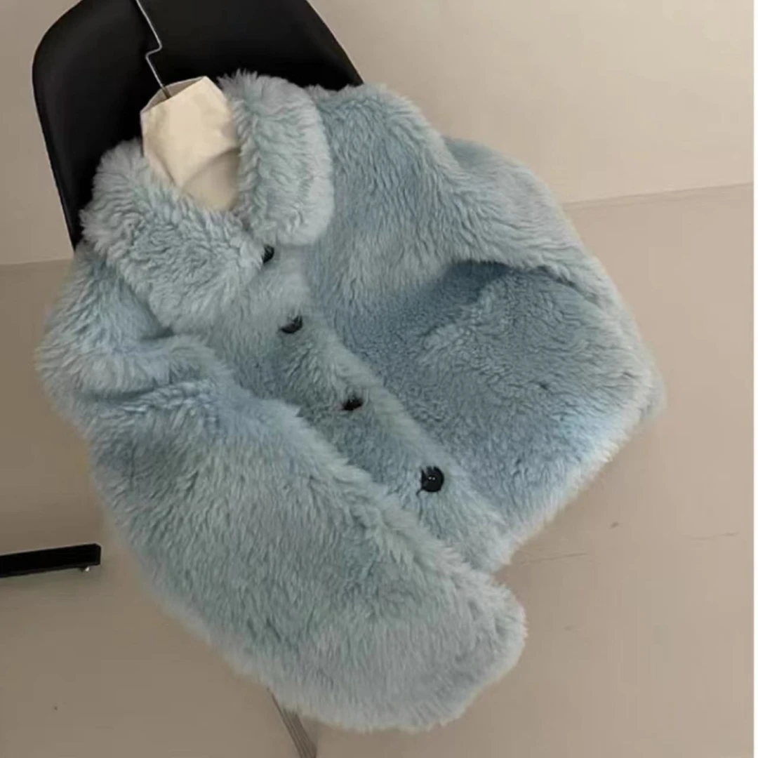 睿夕【海盐椰椰】韩系全羊毛皮毛一体翻领毛毛外套