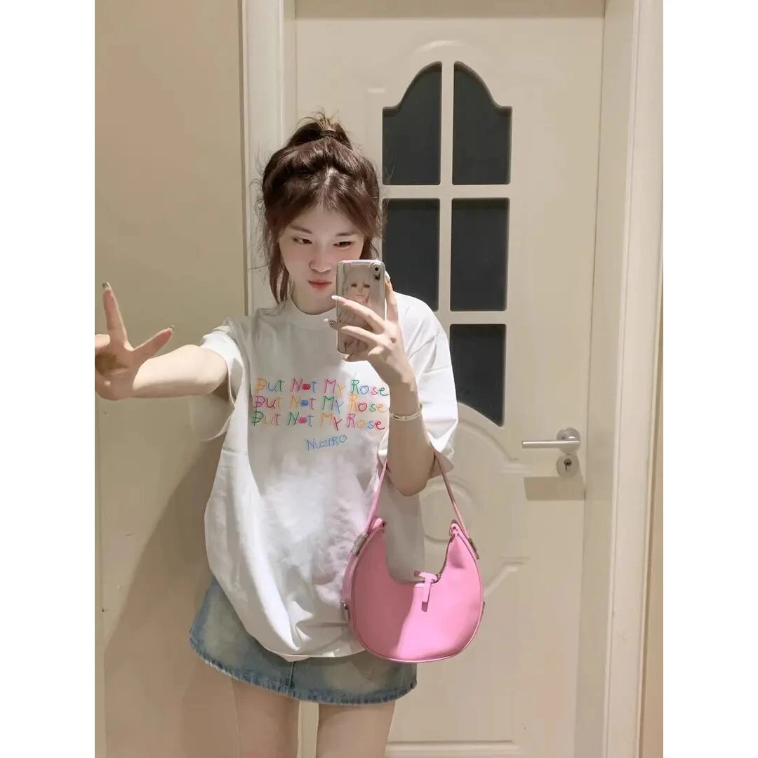 夏日多巴胺穿搭正肩短袖T恤女美式复古小个子洋气减龄白色上衣潮
