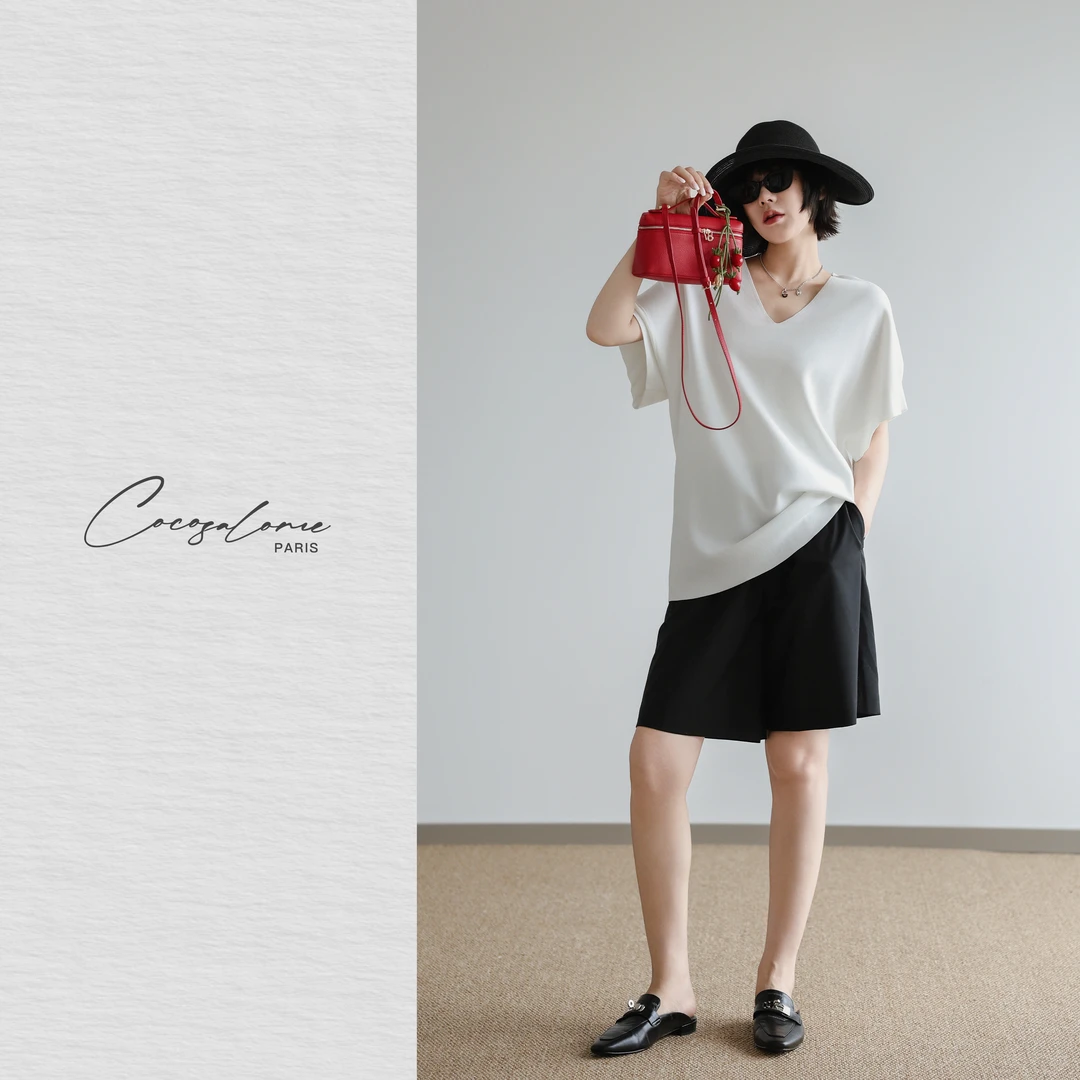 韩彬彬"月光肌"夏日穿搭醋酸V领蝙蝠针织轻薄透气休闲短袖1780-2