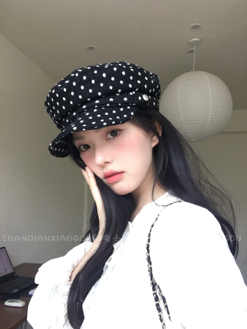 闪电小狗*波点百搭平顶帽 毛呢可爱日系百搭显脸小