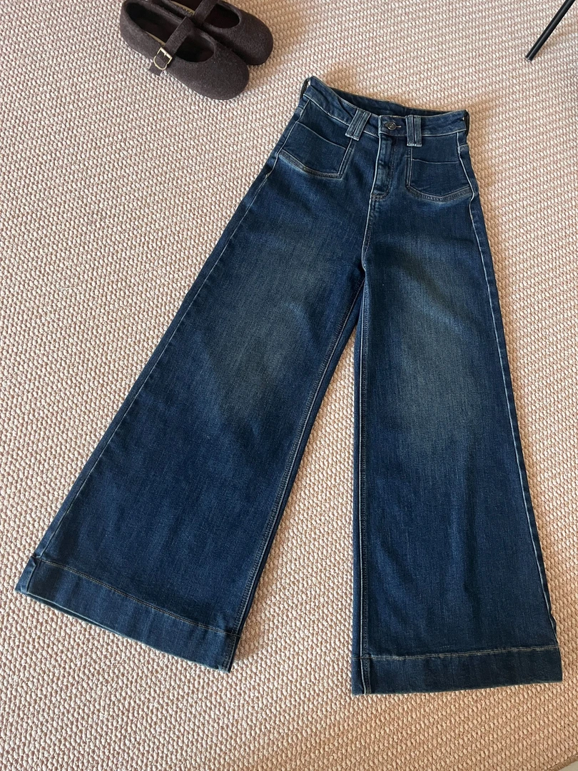 2025秋冬中高腰加绒加厚深蓝色A版显瘦显腿长可通勤百搭阔腿裤