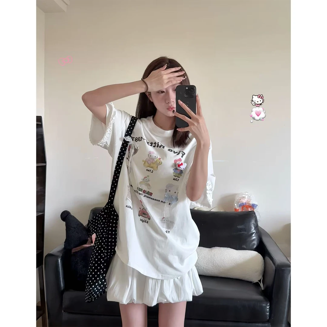 KUMAYES可爱卡通印花t恤女夏季2025新款蝴蝶结宽松圆领半袖上衣