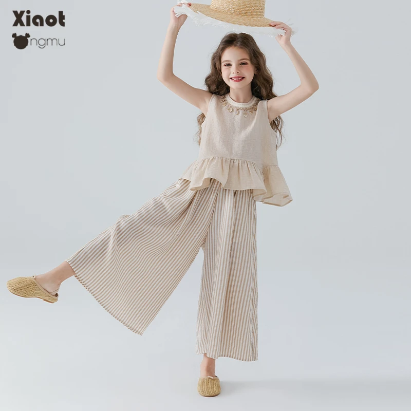 小童木 松弛感女童套装夏装2025新款洋气时髦条纹儿童休闲两件套