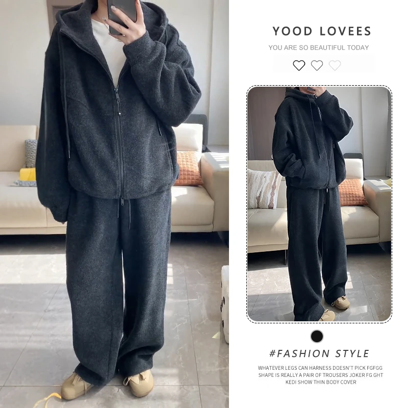 时尚设计感拉链连帽长袖卫衣外套长裤两件套冬季新款休闲显瘦套装