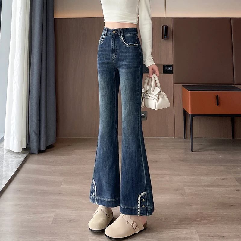 岚霜九分微喇牛仔裤女网红时尚炸街新款女装洋气超火花边喇叭裤子