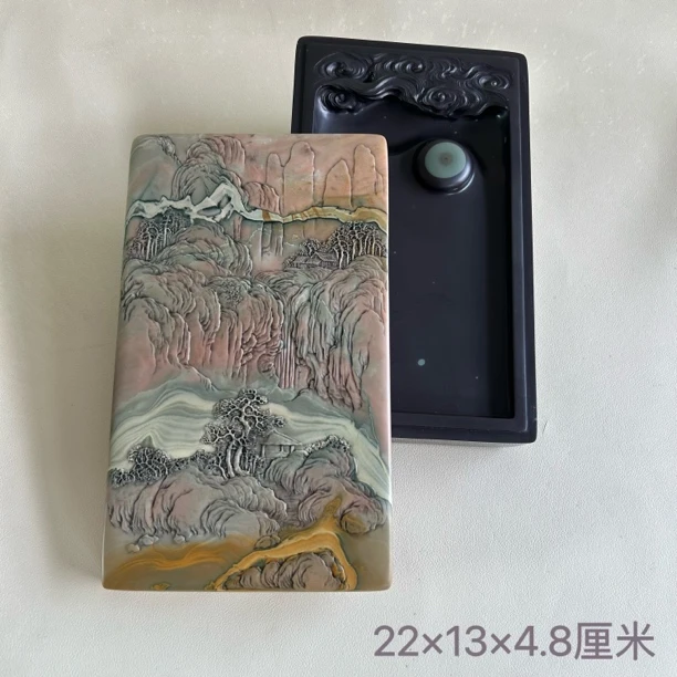 攀枝花苴却砚精品方形带盖山水文房四宝实用砚台摆件收藏佳品