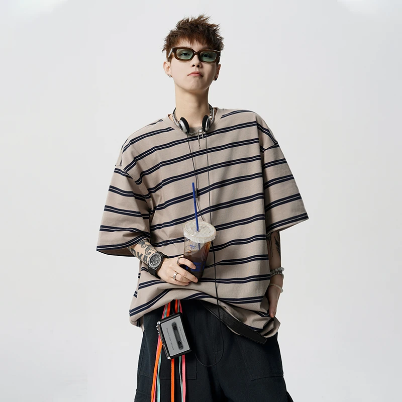 V37美式条纹男士短袖t恤2025新款青少年潮牌夏季穿搭宽松休闲半袖
