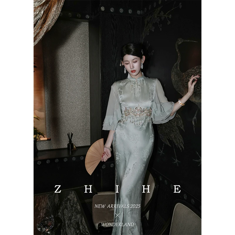 无艳一禾【幽蓝公主】夏装重工天丝醋酸上衣+旗袍连衣裙套装