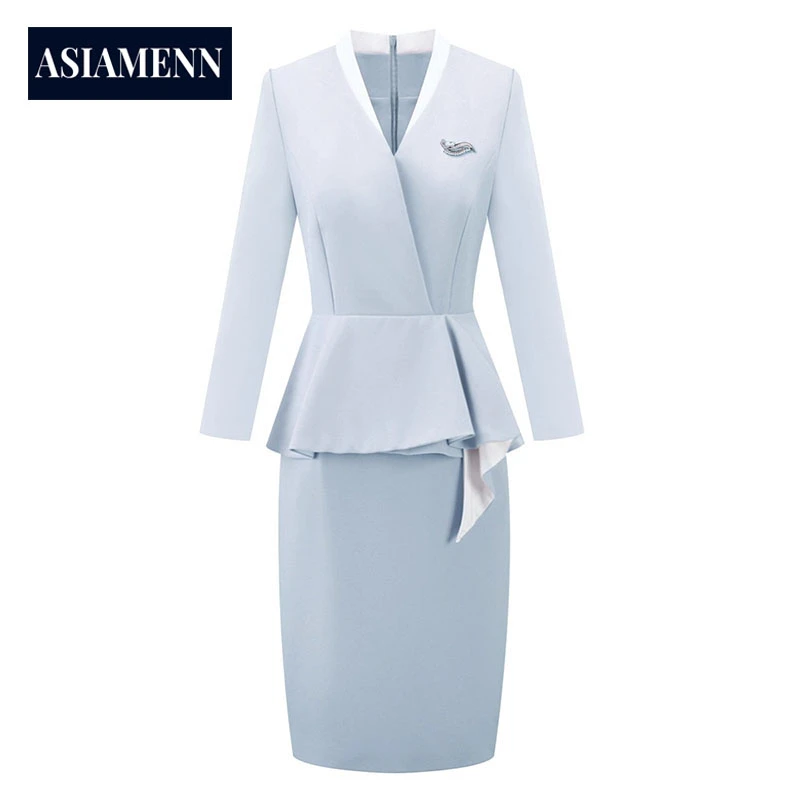 通勤职业风连衣裙荷叶边气质女神范空姐制服礼仪美容院工作服正装