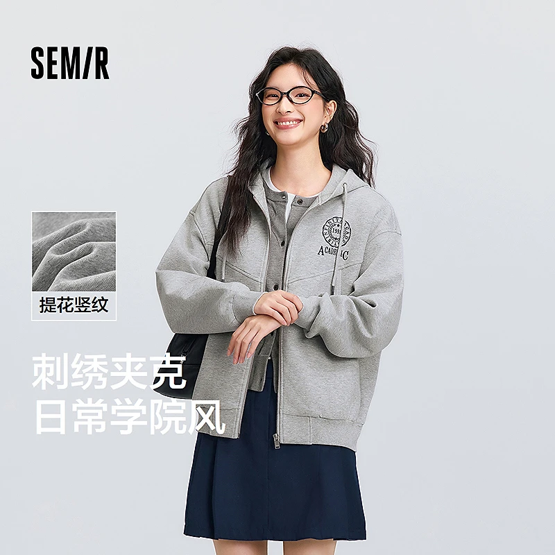 森马外套女春季连帽字母刺绣宽松落肩质感夹克分割气质学院风上衣