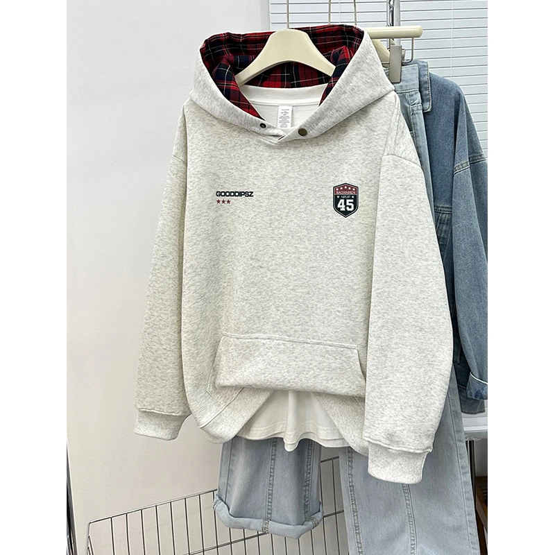 连帽卫衣女秋冬款美式oversize纽扣格子拼接宽松大码中长款外套潮