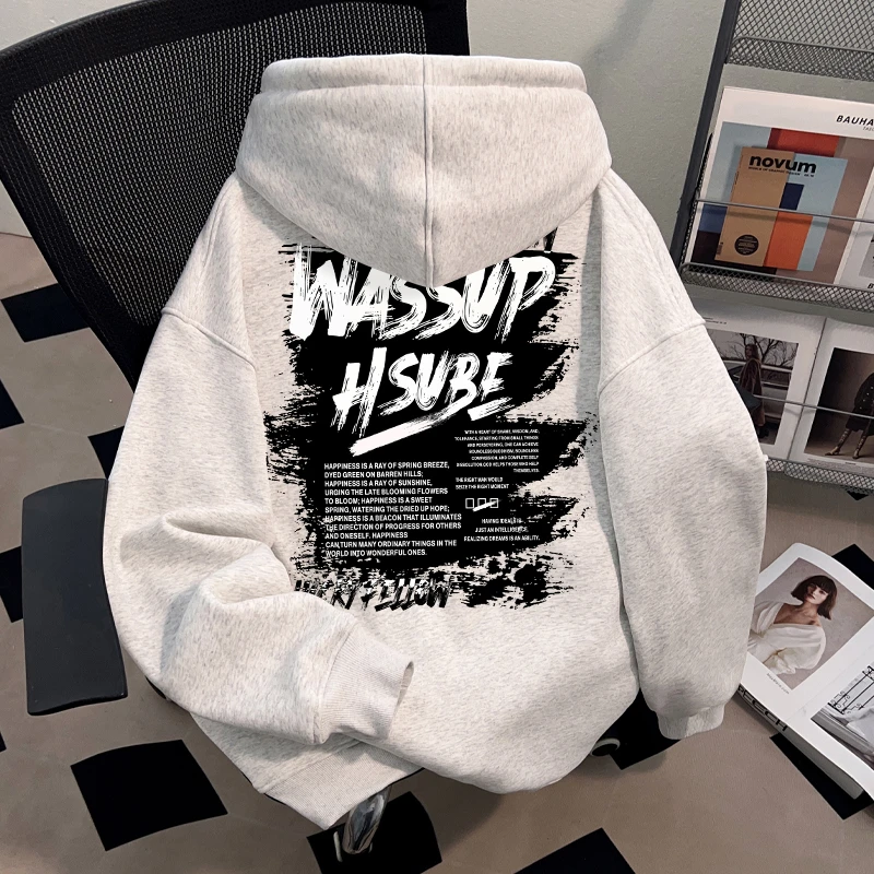 WASSUP HSUBE美式潮流重磅男士卫衣白灰色百搭套头连帽chic上衣潮