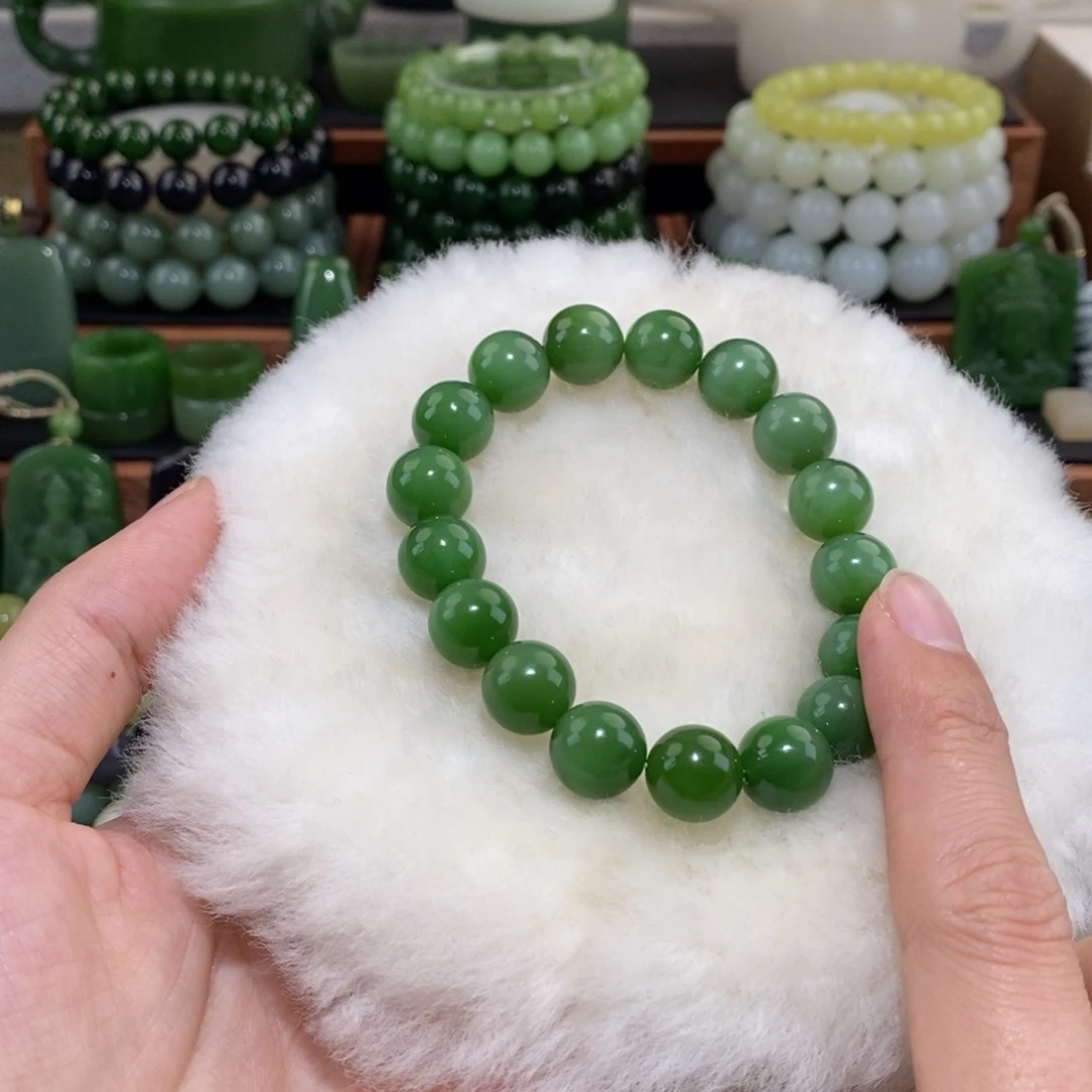 和田玉手串未镶嵌卡12绿猫手串17颗
