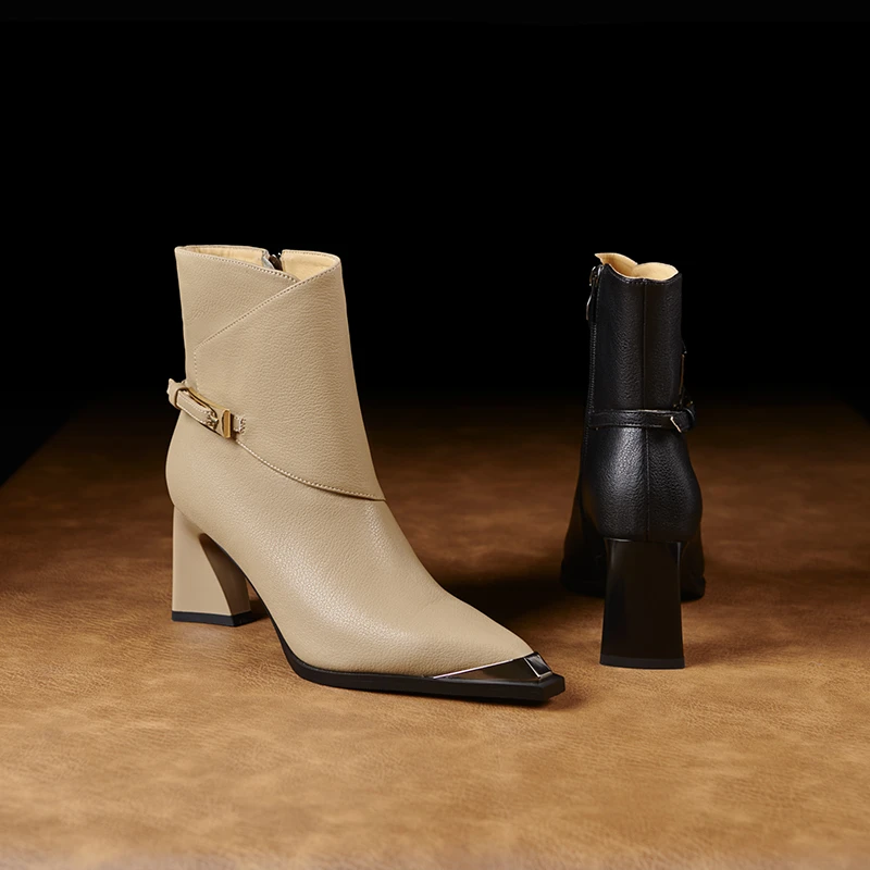 迈露迪粗跟轻职风冬高跟尖头短靴半筒靴女靴明星同款网红鞋子833