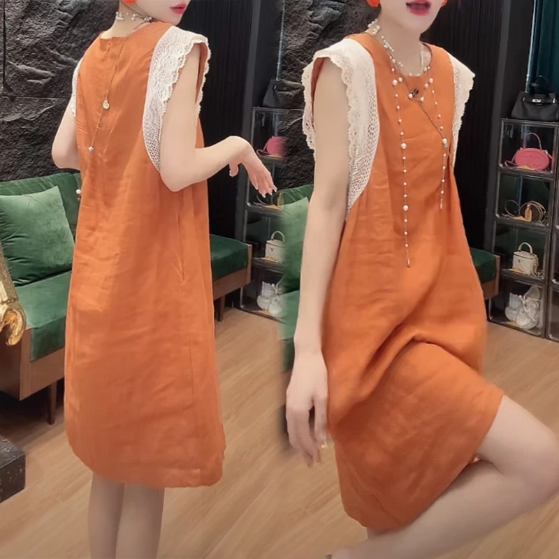 洋气蕾丝拼接设计感裙子高端背心裙宽松显瘦夏季无袖连衣裙气质