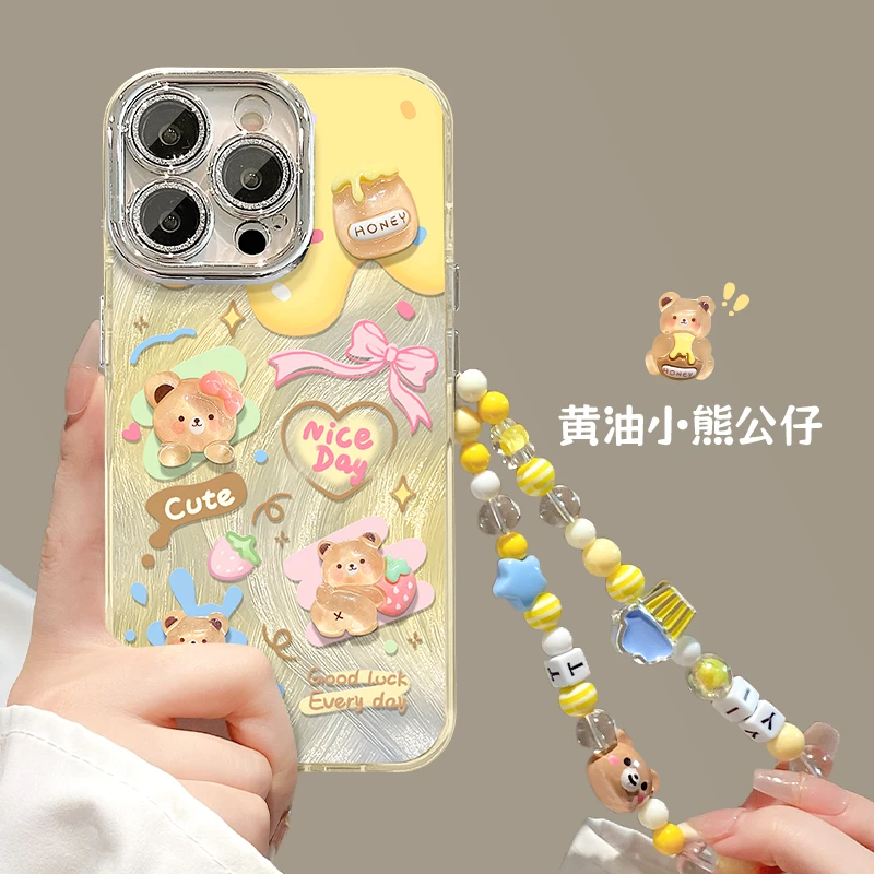 黄油小熊公仔适用苹果15vivo华为oppo小米iPhone16精孔羽纱手机壳