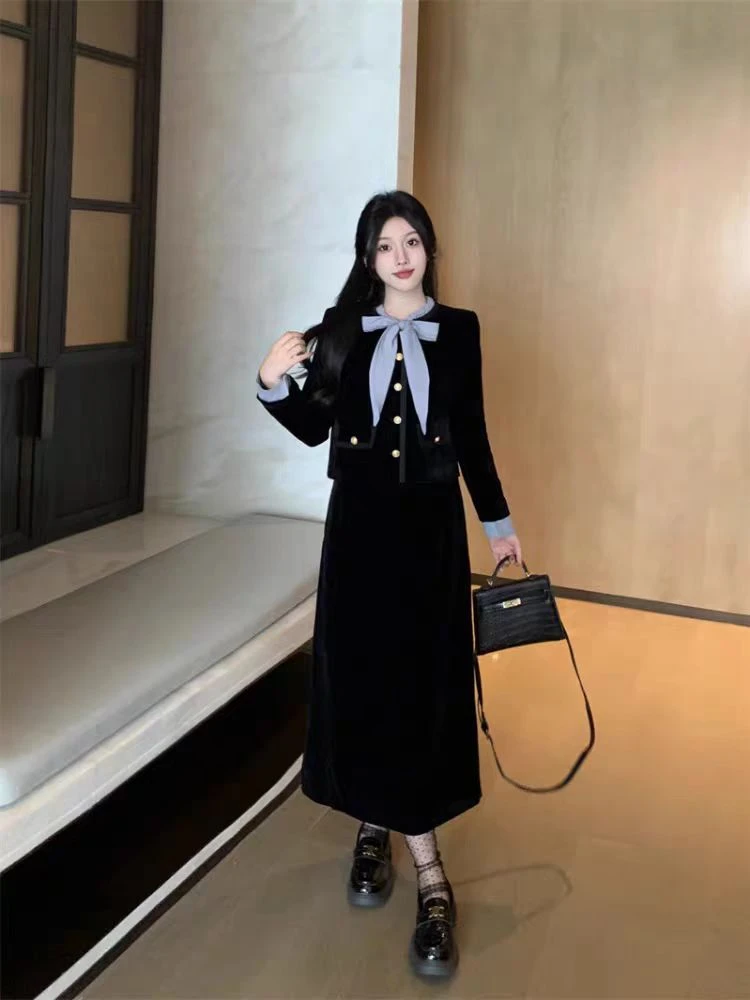 显瘦小香风胖mm秋冬气质高级感时尚法式两件套时尚套装1689