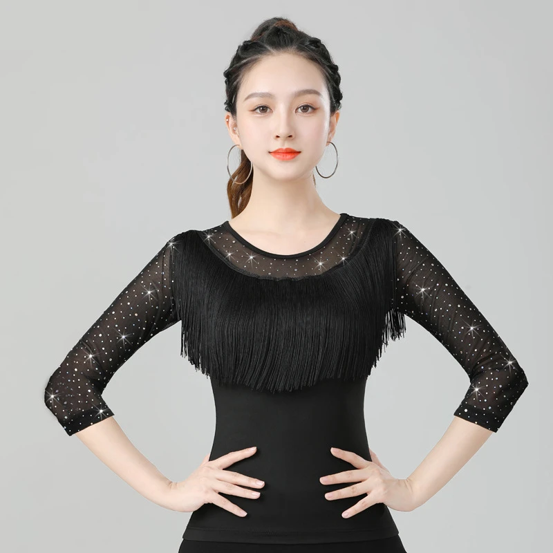国标舞蹈服训练拉丁舞服装新款流苏七分袖跳舞广场舞摩登舞上衣女
