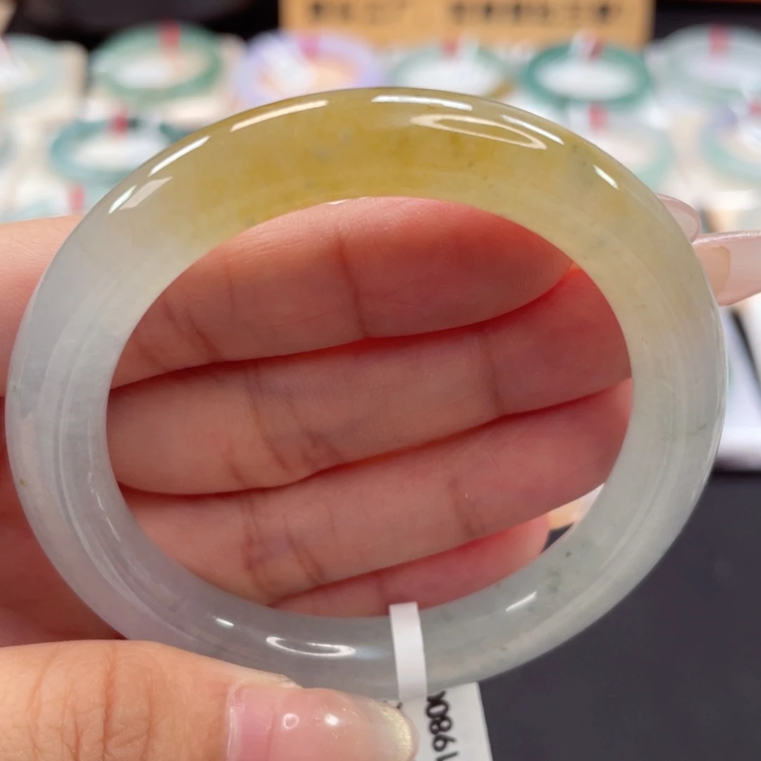 翡翠手镯未镶嵌52冰透油画彩黄翡半山水9号