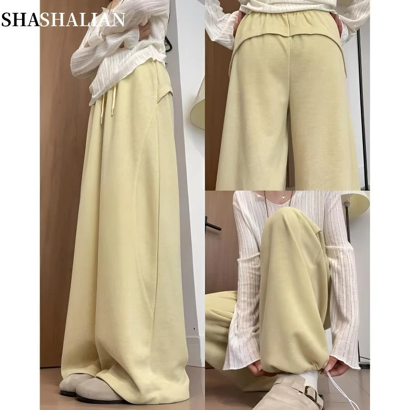美式休闲阔腿裤女春秋季2025新款高腰显瘦直筒小个子垂感抽绳裤子