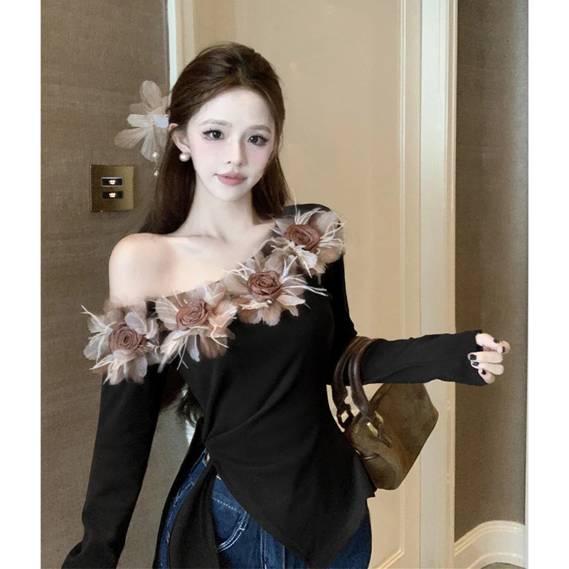 法式重工立体花朵毛性感斜肩不规则修身打底长袖设计感上衣