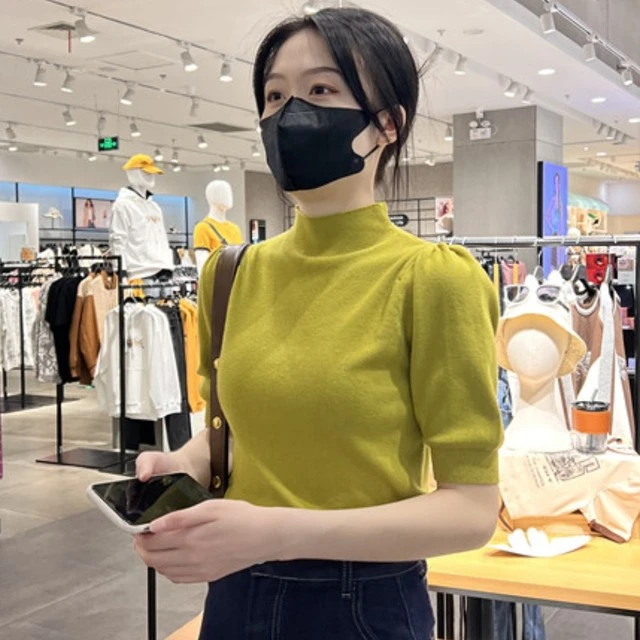 半高领针织衫女秋2025新款修身显瘦泡泡袖打底衫时尚洋气中袖上衣