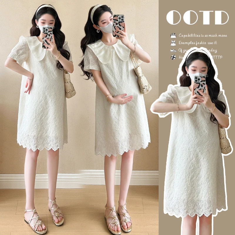 时尚减龄孕妇装夏季新款爆款洋气设计感蕾丝刺绣甜美小个子连衣裙