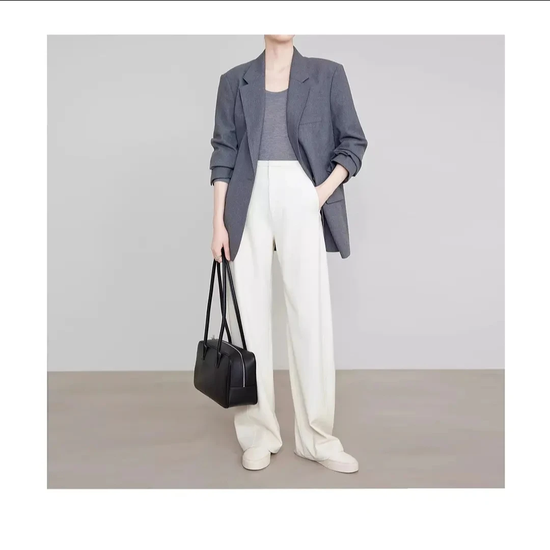 米白色窄版西装直筒裤女2025秋新款天丝羊毛通勤百搭高腰阔腿休闲