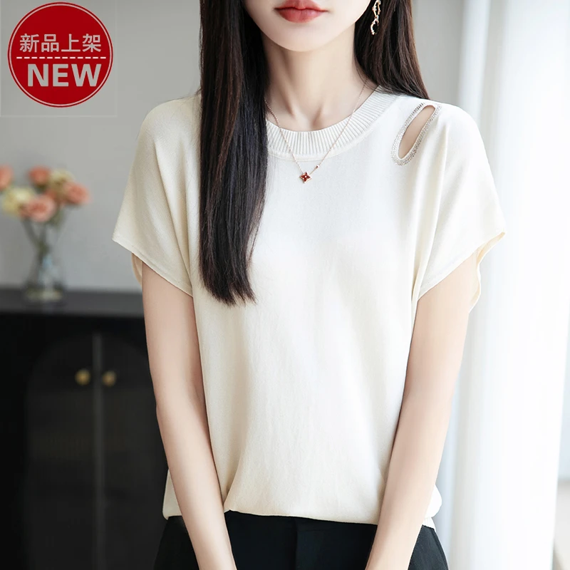 新款2025圆领肩部镂空设计针织女士夏季天丝透气T恤百搭老钱风女