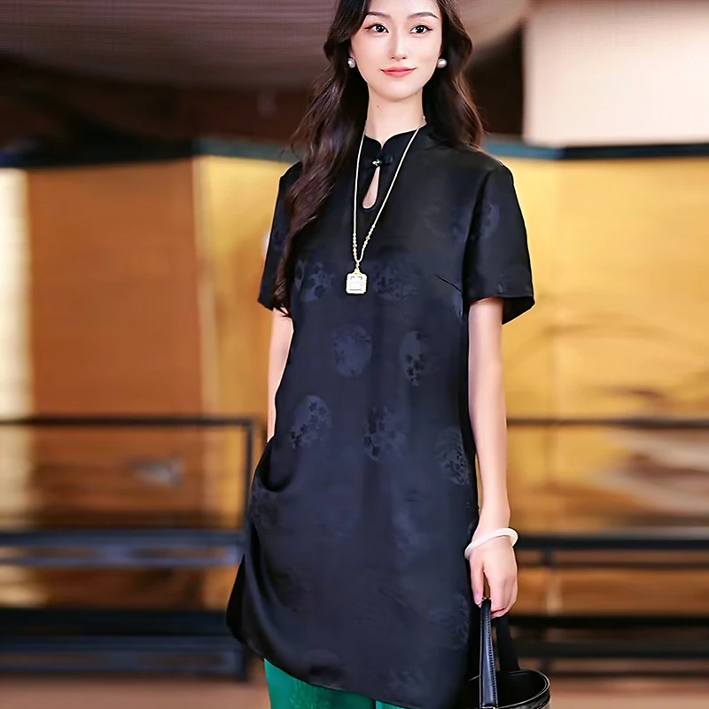 复古日记“窗格花”100桑蚕丝花罗水滴领大漆扣奥黛旗袍裙25FC588