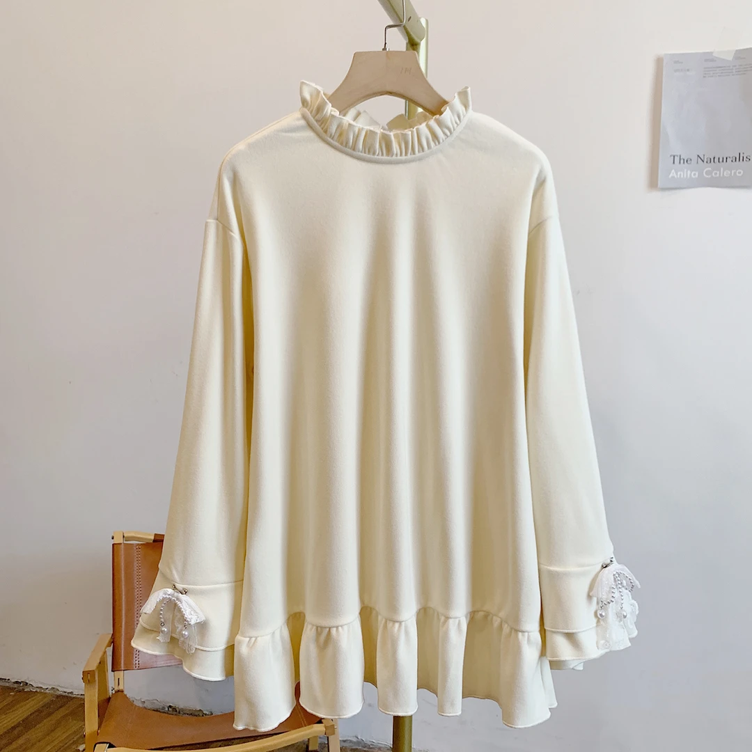 云汐C5496磨毛德绒蝴蝶结荷叶边立领长袖T恤