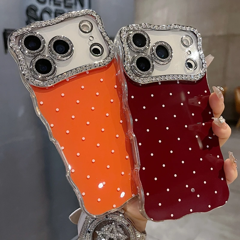 适用苹果系列iPhone17新款手机壳时尚感橙底波点全包满钻精孔镜框