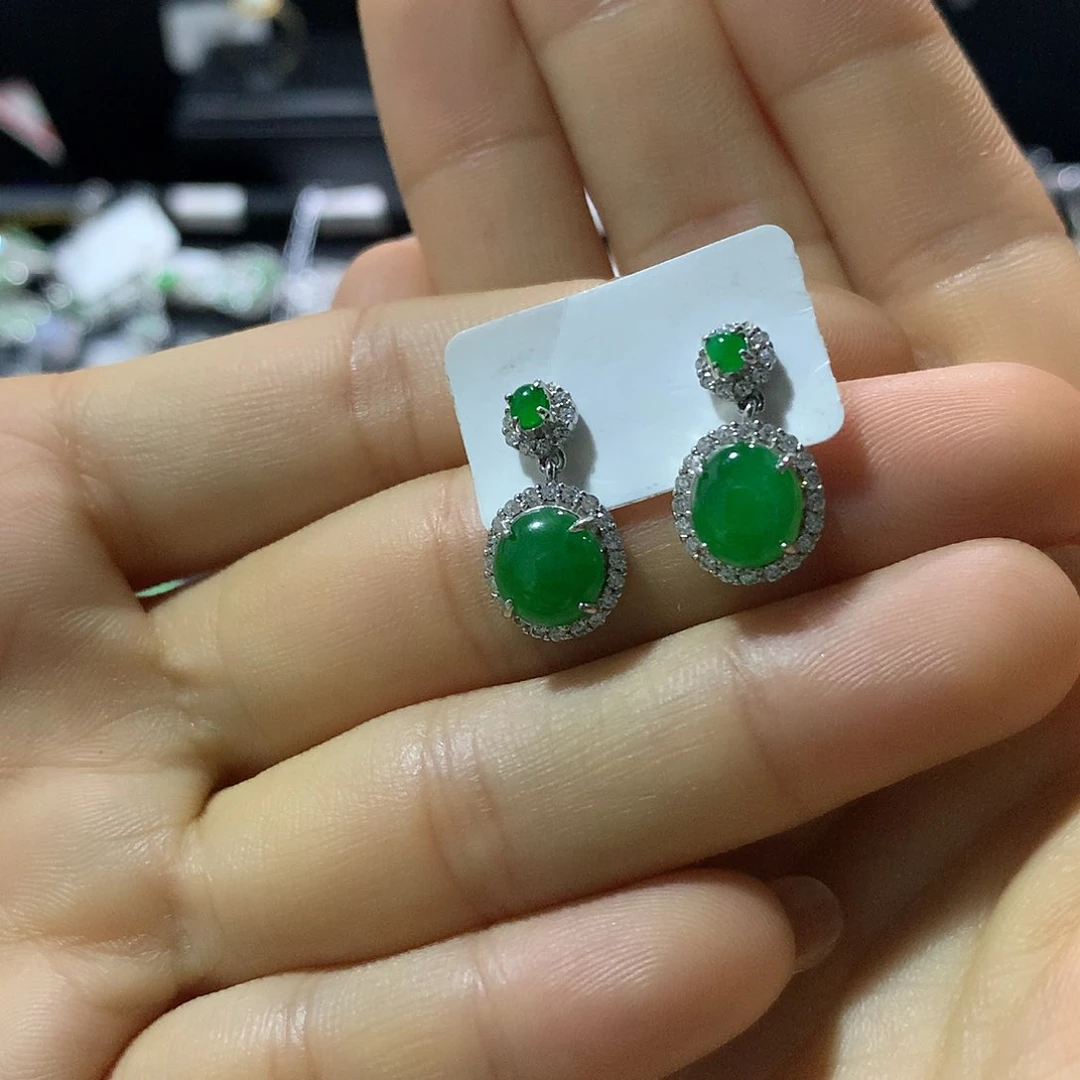 翡翠戒指银S925镶嵌耳钉