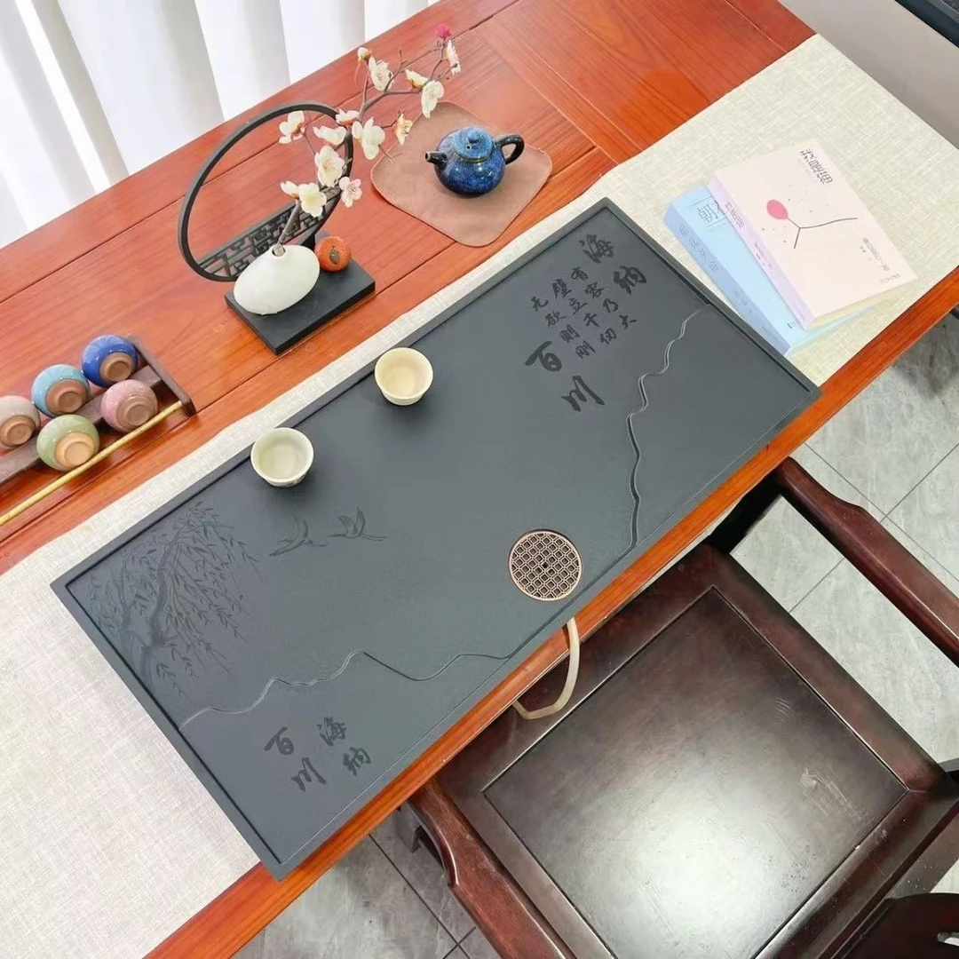 新款中式整块茶盘乌金石合成办公家用茶具全套排水一体两用茶盘