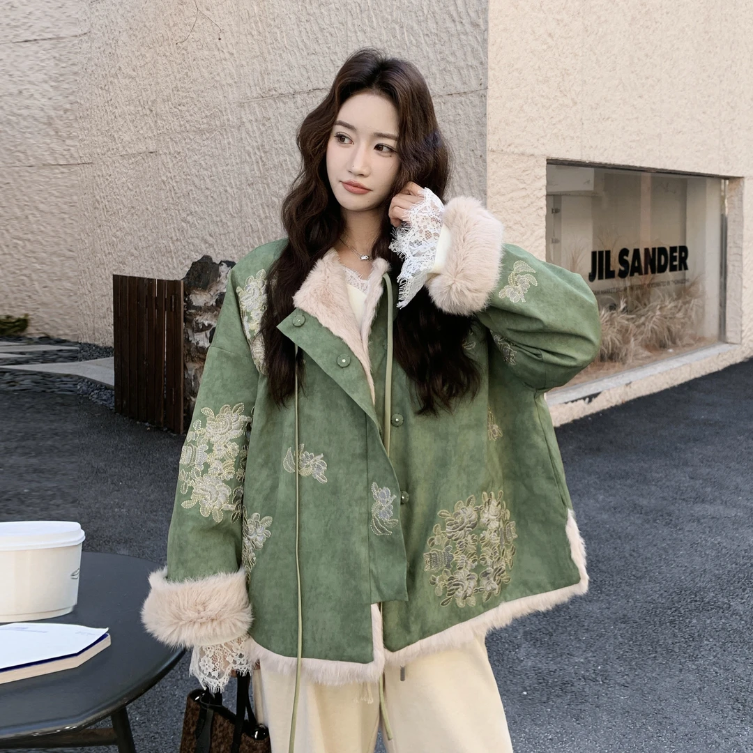 国风刺绣两面穿加绒棉服外套2025冬季新款设计感重工刺绣气质棉袄