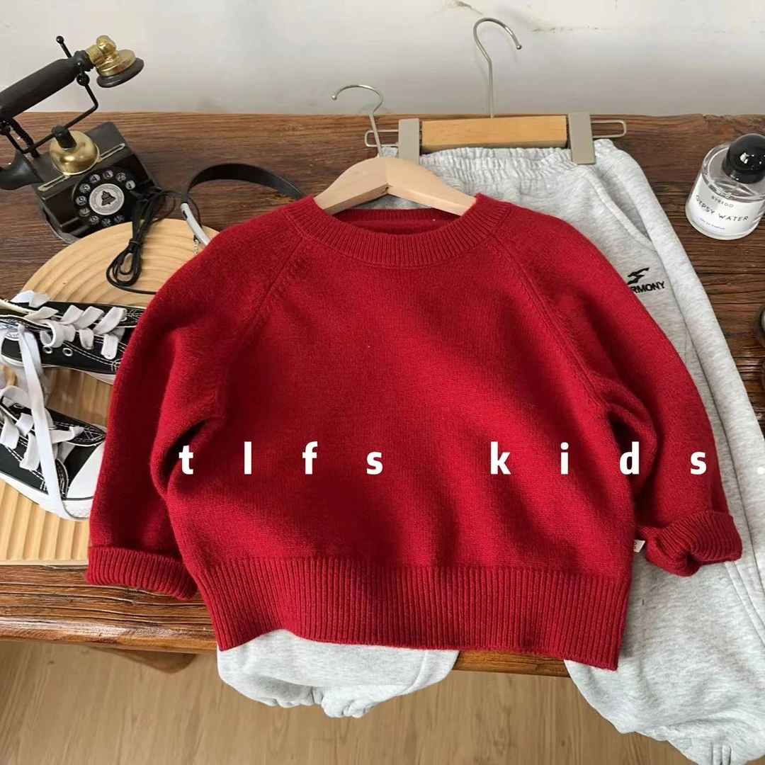 童例「红色圆领针织衫」秋冬洋气休闲软糯亲肤毛衣男童女童百搭套头