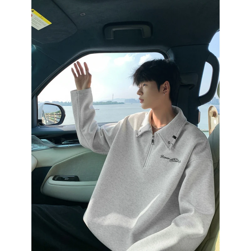 美式cleanfit半拉链刺绣Polo领卫衣男潮牌设计感正肩长袖套头上衣