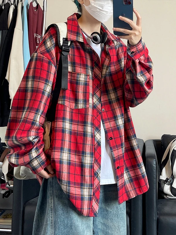 美式复古红色格子长袖衬衫男女秋季高街设计休闲叠穿衬衣情侣外套