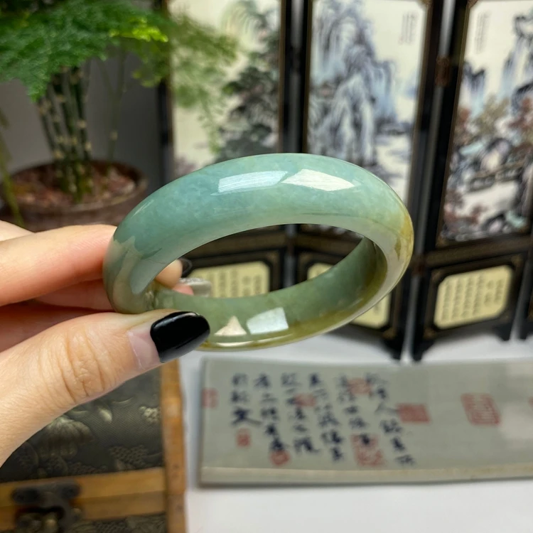 53.5天空蓝黄翡双彩复古正圈手镯 天然翡翠A货手镯