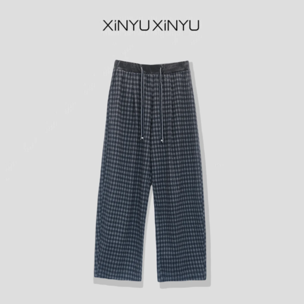 XINYU/芯与『京家』抽绳松紧腰藏青灰格子裤子 36J126 厚款 宽松