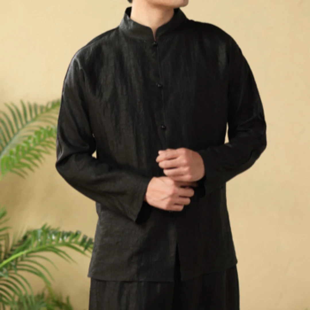 2025男士香云纱新中式男装长袖衬衫灯笼裤套装