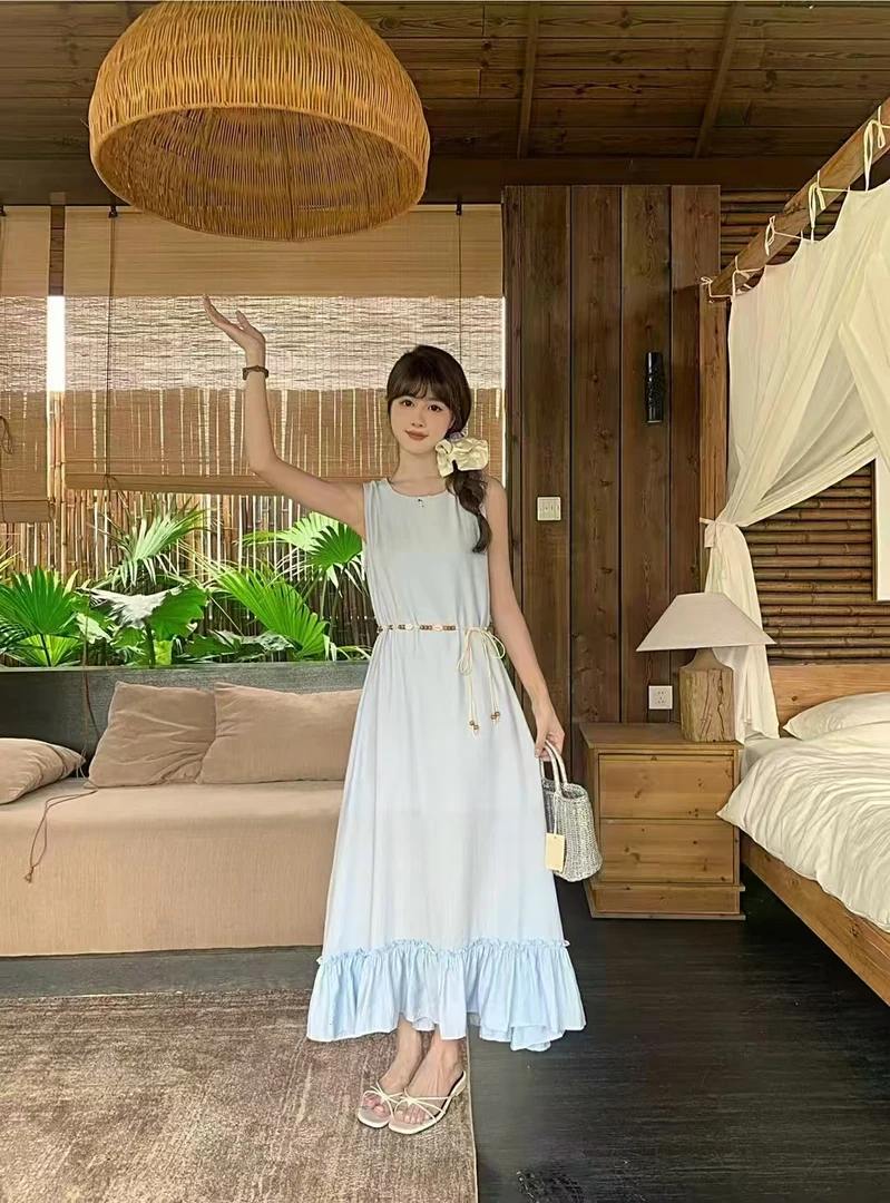 松紧腰无袖法式大摆裙通勤连衣裙泡泡袖裙子娃娃领