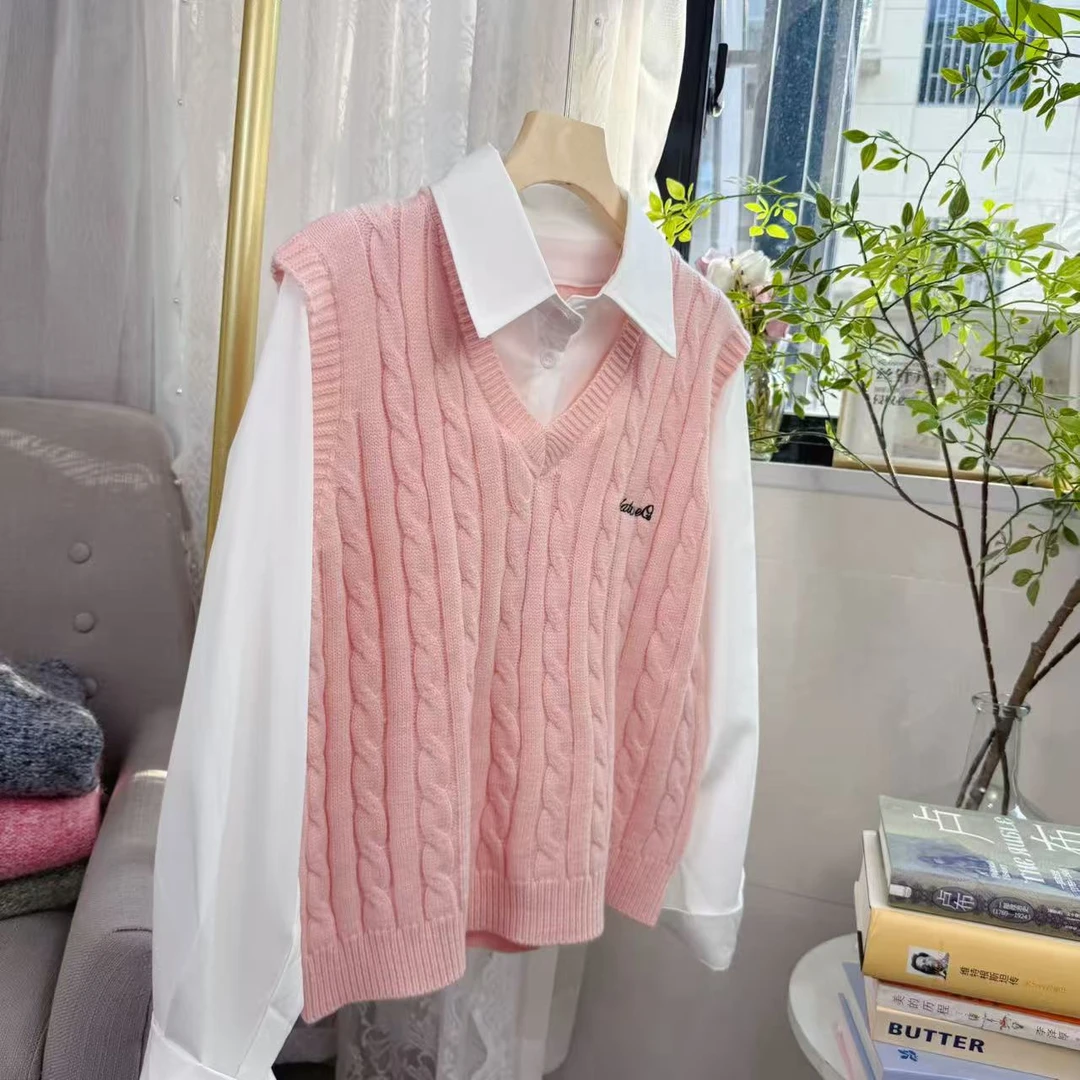 时尚洋气设计感衬衫拼接针织衫女秋冬新款宽松百搭假两件气质上衣