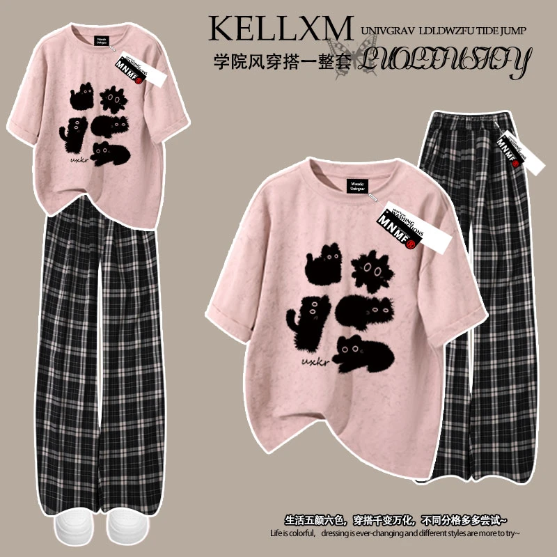 夏季装新款男女童套装纯棉扎染短袖T恤格子裤洋气趣味布丁狗印花